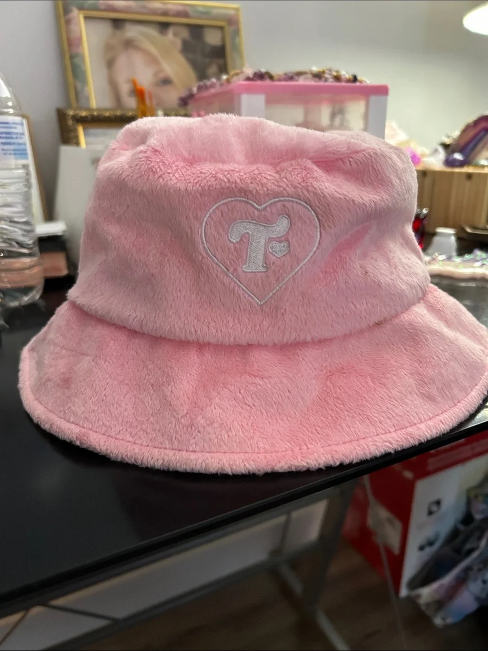 Trixie Cosmetics Plush Pink Bucket Hat with Embroidered Heart